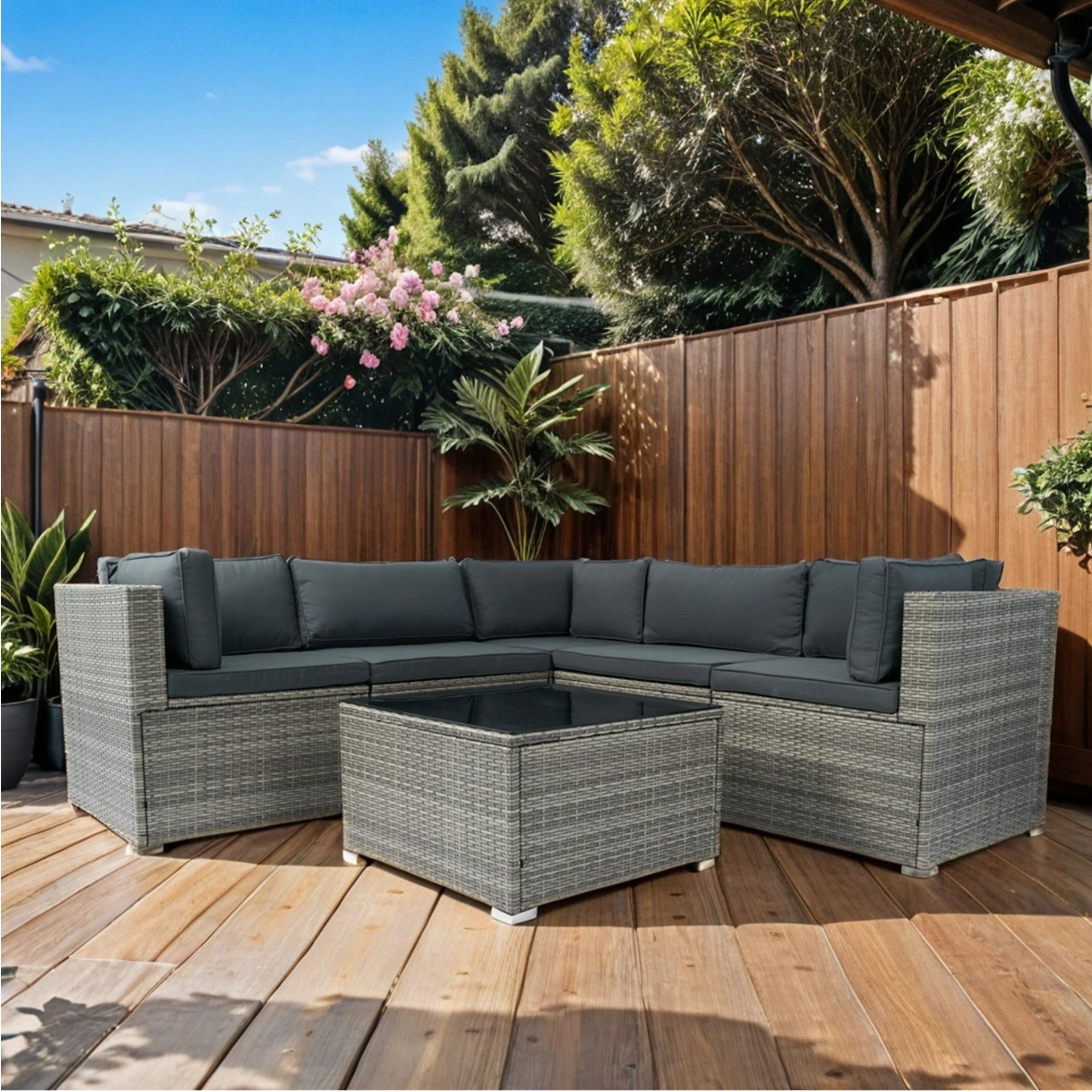 6 Pieces PE Rattan Sectional Outdoor Furniture Cushioned Sofa Set Wicker - Gray - Image 2
