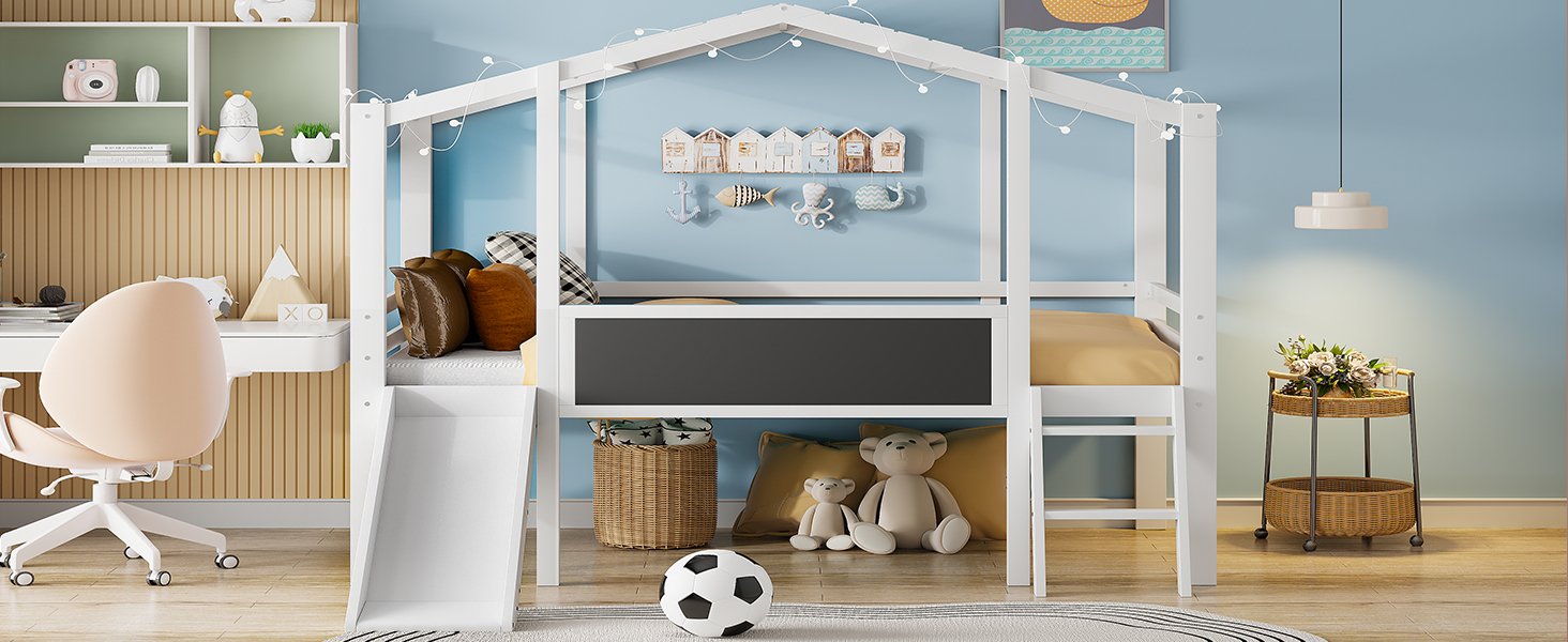Twin Size Loft House Bed With Ladder And Slide, With Blackboard And Light Strip On The Roof - White - Image 21