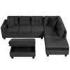 Modern Sectional Sofa With Storage Ottoman, L - Shape Couch With 2 Pillows And Cup Holders - Black - Image 13