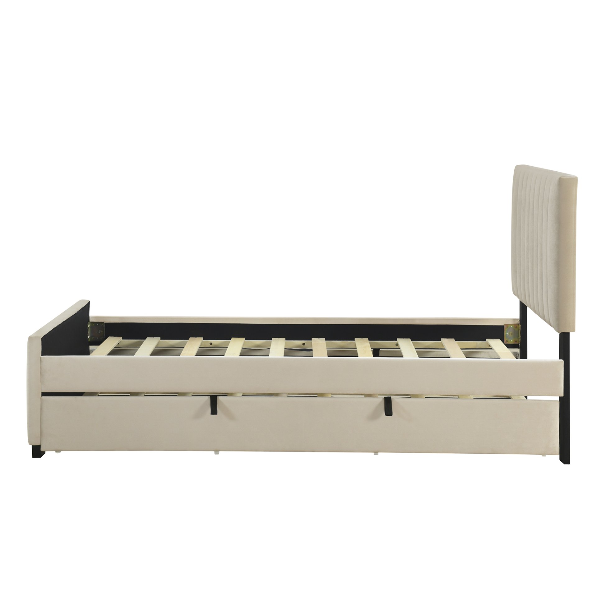 Twin Size Upholstered Platform Bed With Twin Size Trundle - Beige - Image 5