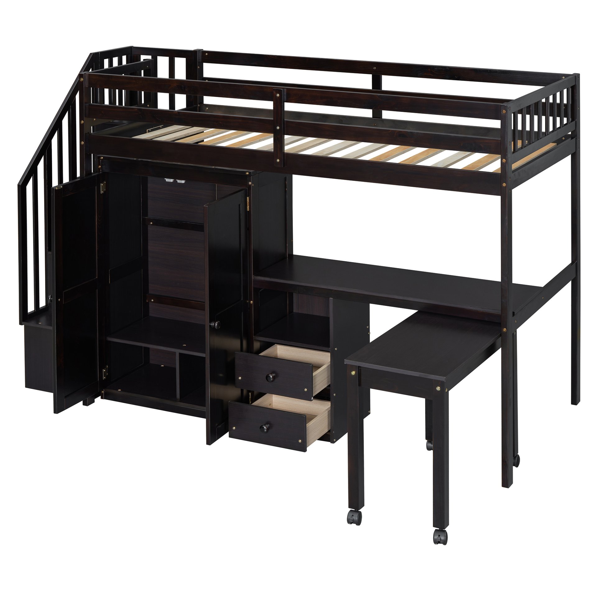 Twin Size Loft Bed With Stairs, Bookshelf, Drawers, Desk & Wardrobe, Space Saving Multifunctional Furniture - Espresso - Image 18