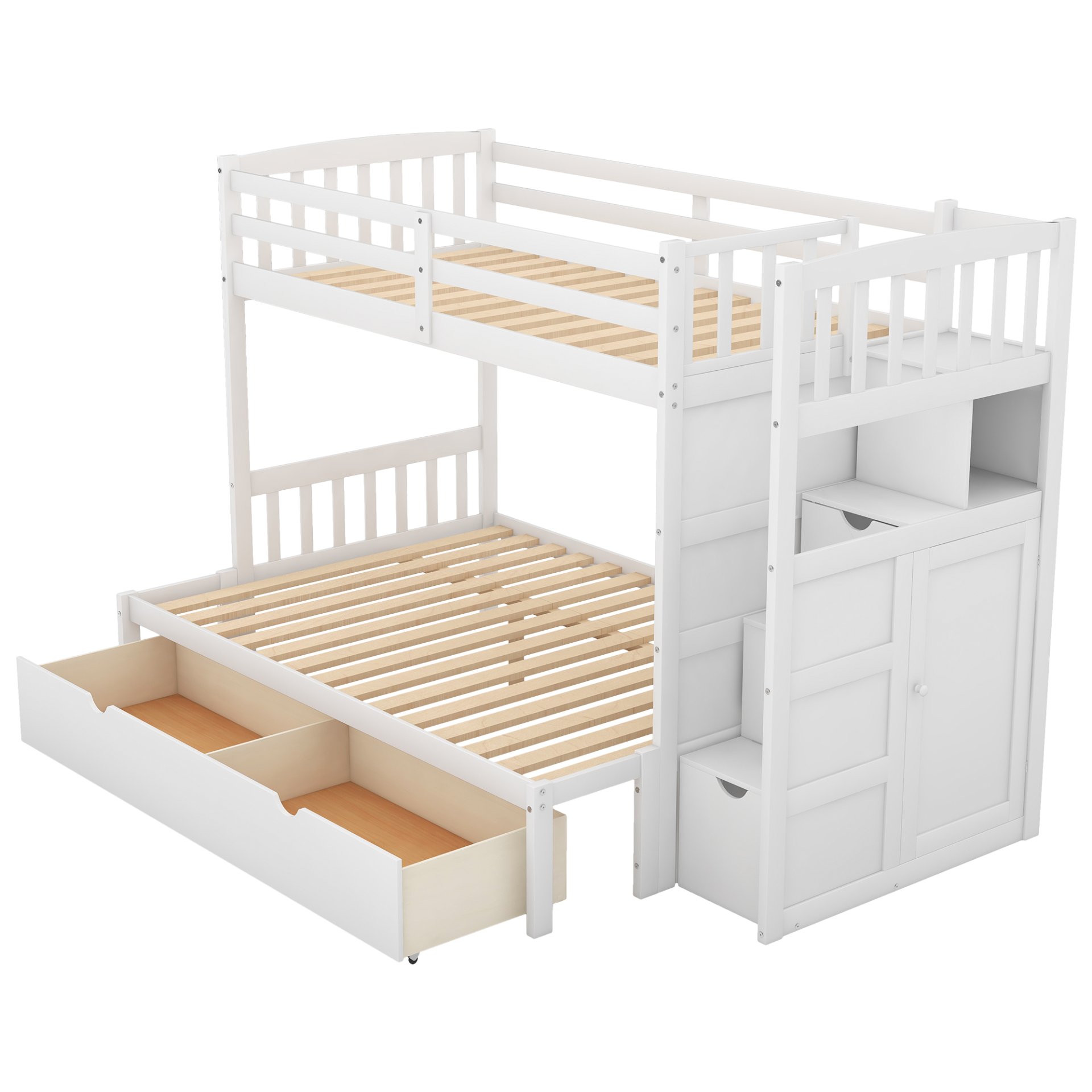 Twin Over Full / Twin Bunk Bed, Convertible Bottom Bed, Storage Shelves And Drawers - White - Image 8