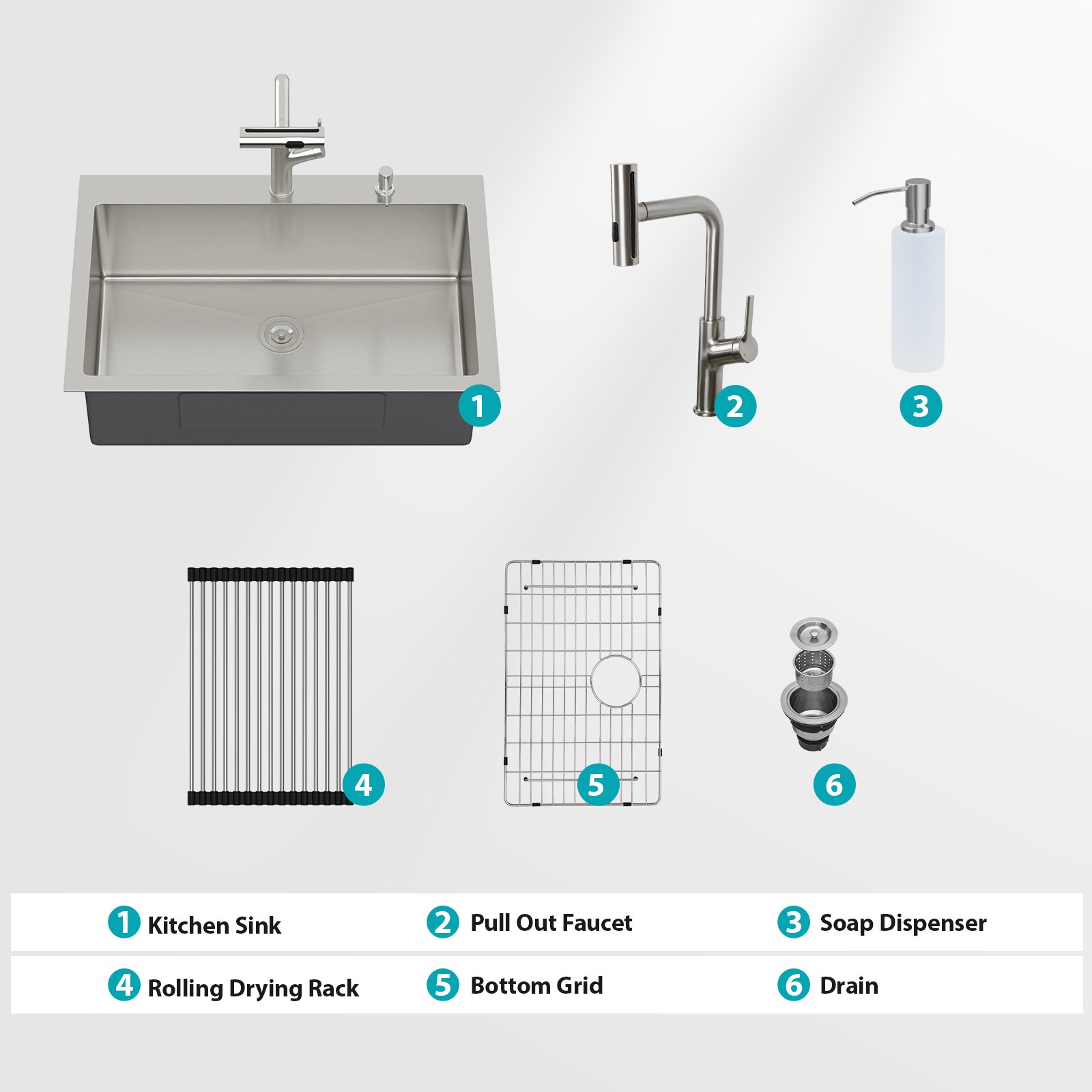 30" Single Bowl Drop In Kitchen Sink With Pull Out Faucet And Soap Dispenser - Brushed Nickel - Image 12