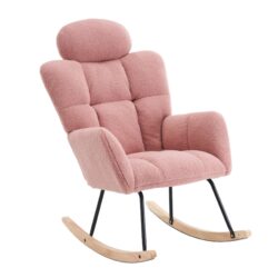 Contemporary Teddy Fabric Upholstered Nursery Rocking Glider Chair With High Backrest And Pillow - Pink