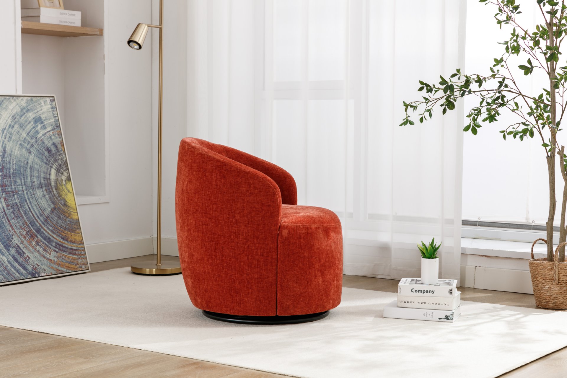 Chenille Fabric Swivel Accent Armchair Barrel Chair With Black Powder Coating Metal Ring - Orange - Image 10
