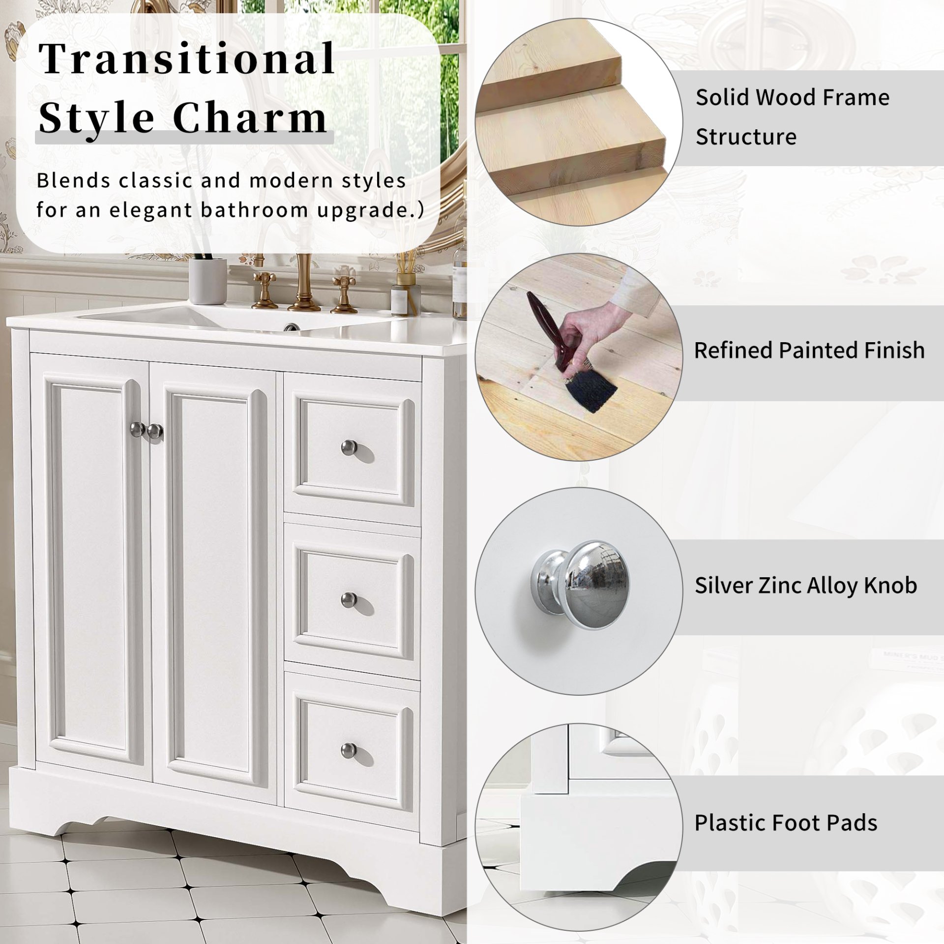 36" Transitional Bathroom Vanity With Sink, Soft Close Doors, Adjustable U Shelf, 3 Drawers - White - Image 7