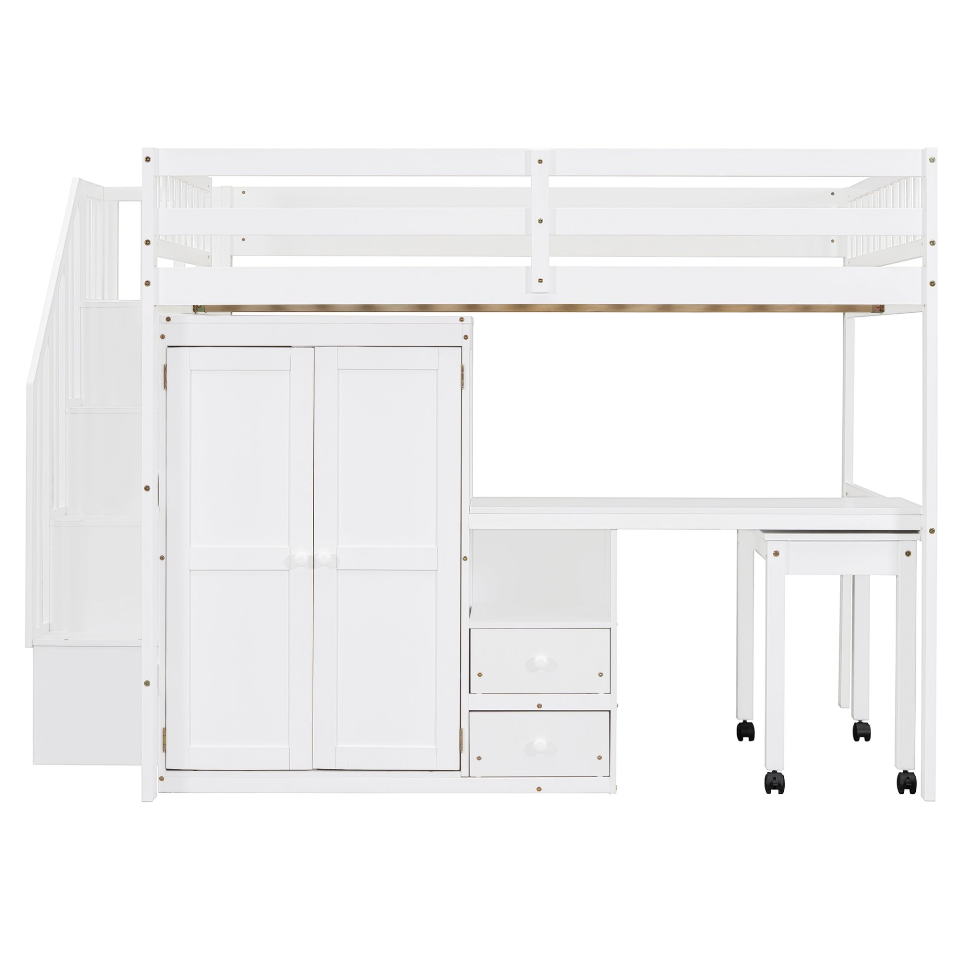 Full Size Loft Bed With Stairs, Bookshelf, Drawers, Desk & Wardrobe, Space Saving Multifunctional Furniture - White - Image 11