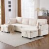Sectional Sofa Pull Out Sofa Bed Versatile Sofa Sleeper With Large Storage Space, Two USB Ports And Two Cup Holders For Living Room - Beige - Image 14