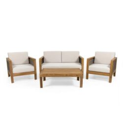 Outdoor 4 Seater Acacia Wood Chat Set With Wicker Accents And Cushions - Teak / Mixed Brown / Beige