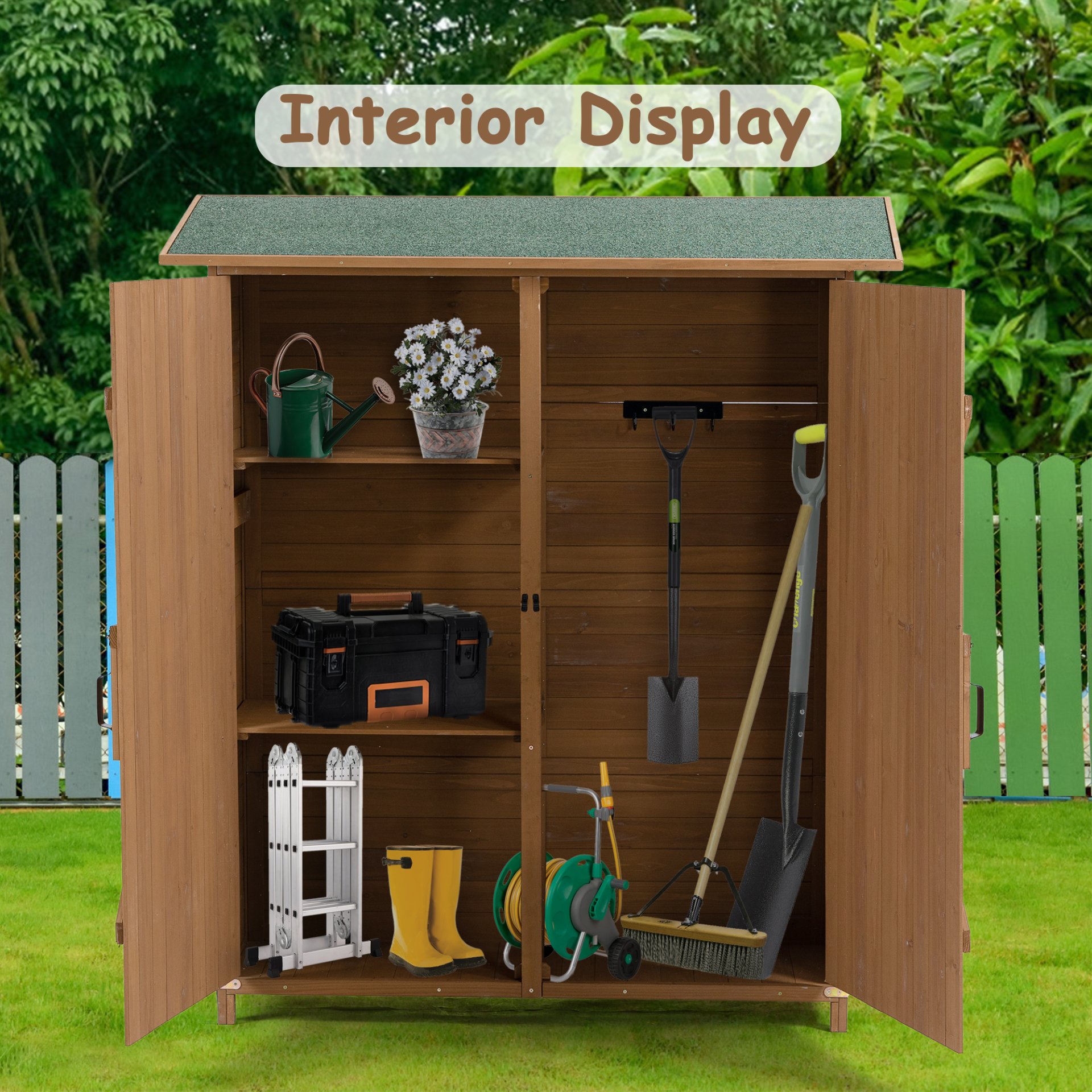 Outdoor Storage Shed With Lockable Door, Wooden Tool Storage Shed With Detachable Shelves & Pitch Roof - Yellow Brown - Image 13
