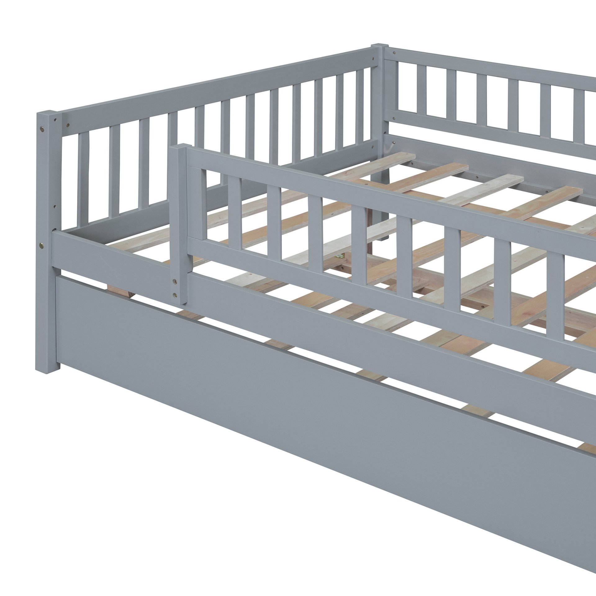 Full Size Daybed With Trundle And Fence Guardrails - Gray - Image 11