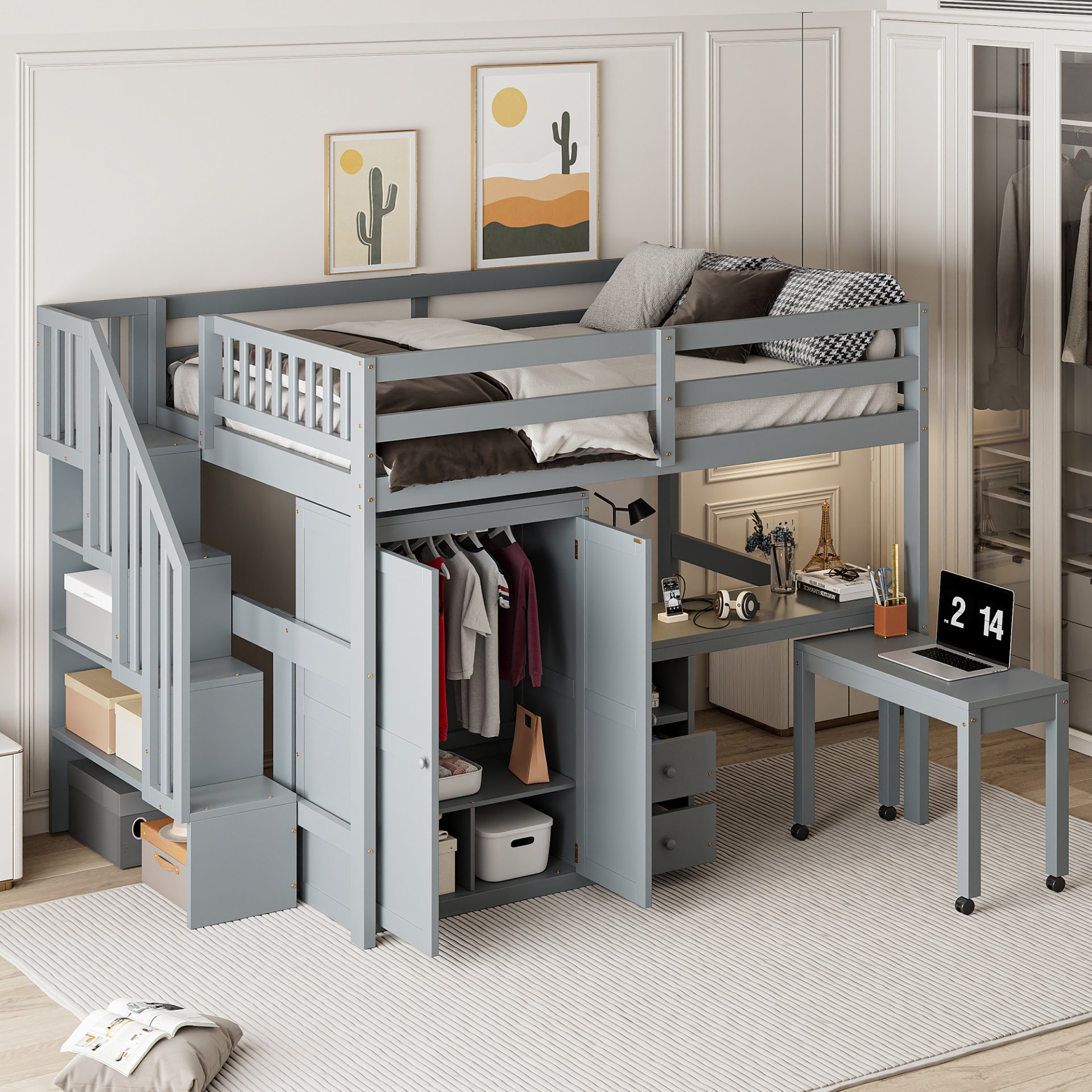 Full Size Loft Bed With Stairs, Bookshelf, Drawers, Desk & Wardrobe, Space Saving Multifunctional Furniture - Gray - Image 3