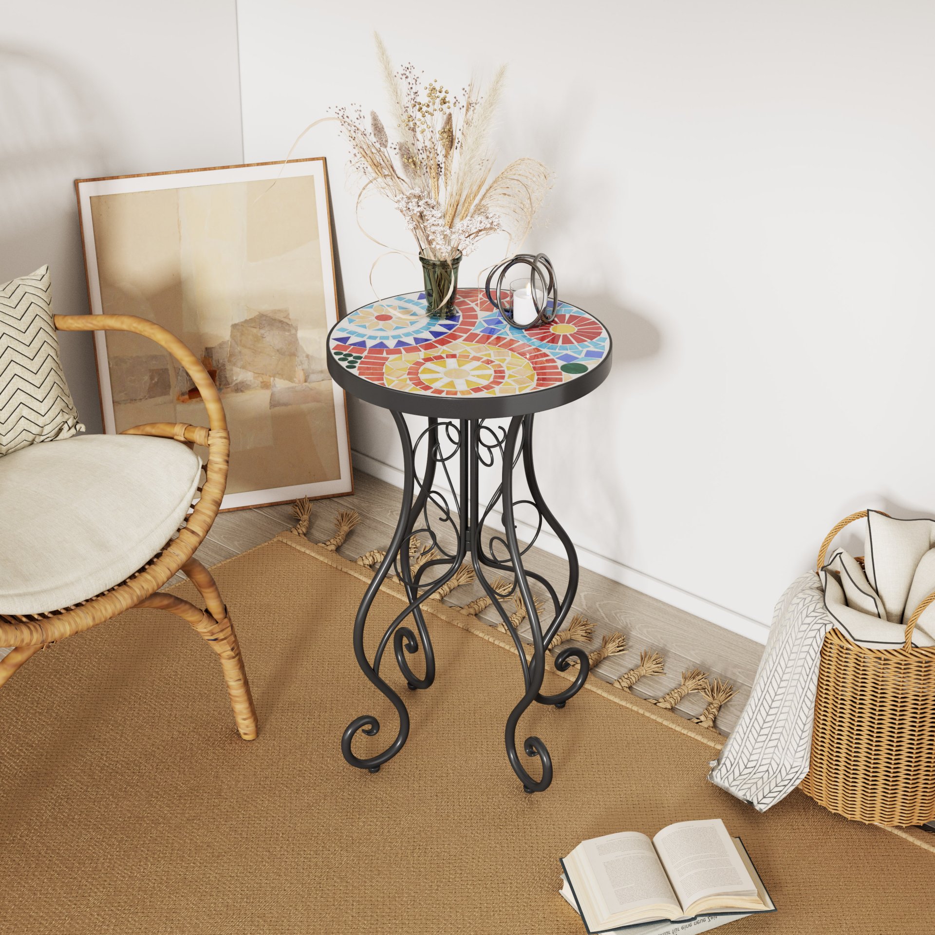 Outdoor Side Table With Ceramic Tile Top And Powder Coated Steel Frame - Black / Colorful - Image 4