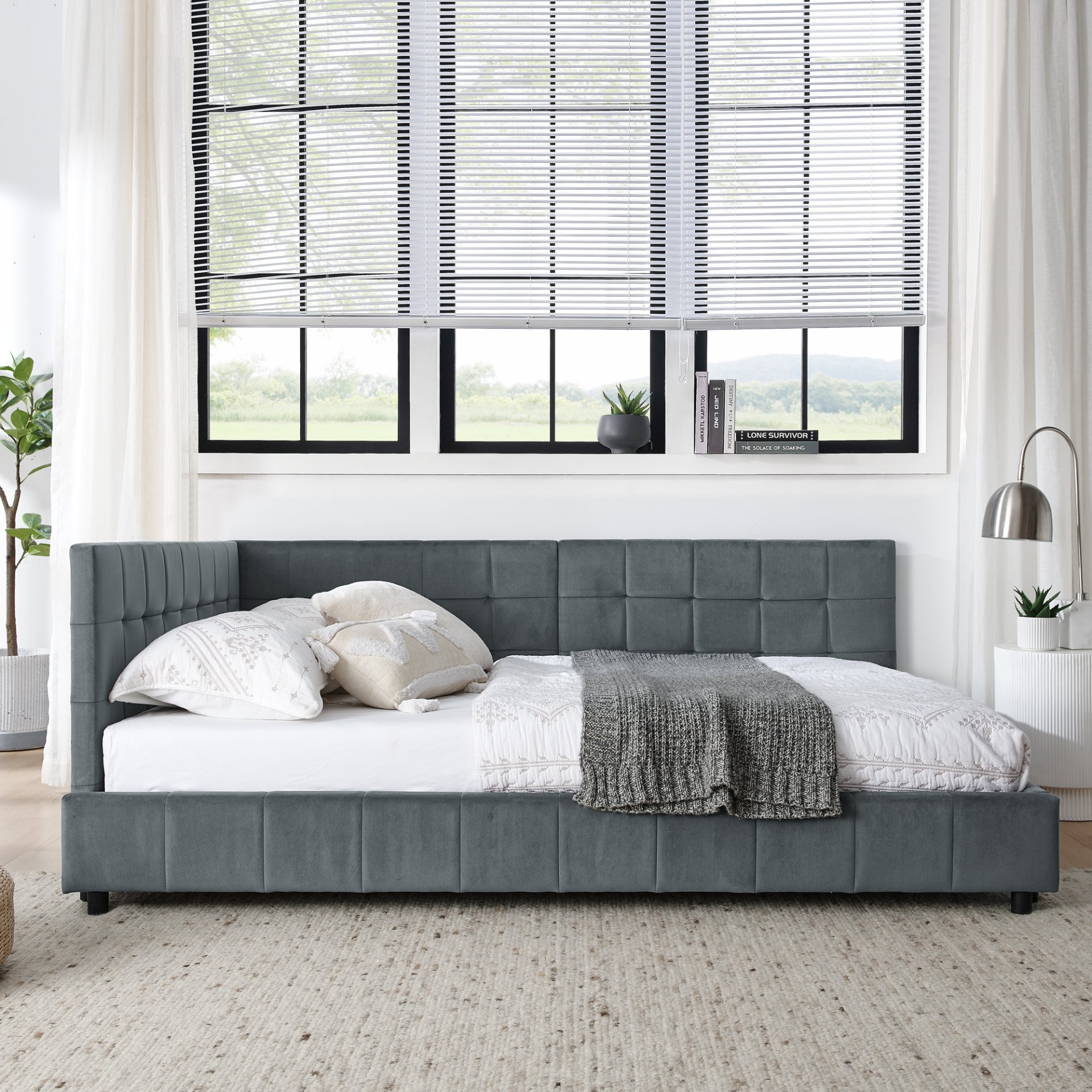 Velvet Full Size Upholstered Tufted Bed Frame With Backrest And Armrests - Gray - Image 6