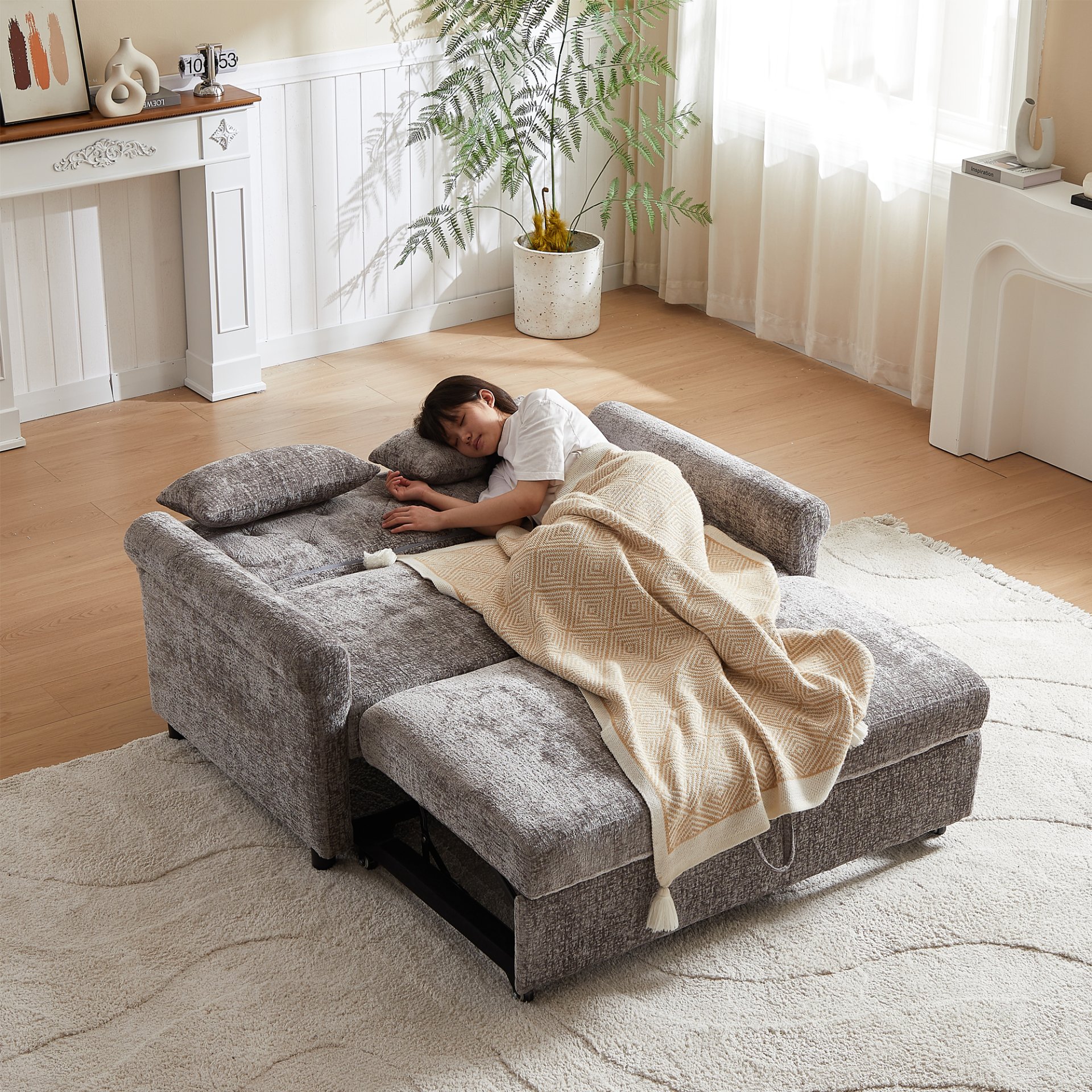 3 In 1 Loveseat Sofa Bed Chenille Fabric Pull Out Couch Sleeper Full Back Frame, Seat Frame, Armrests & 2 Pillows - Light Gray - Image 12