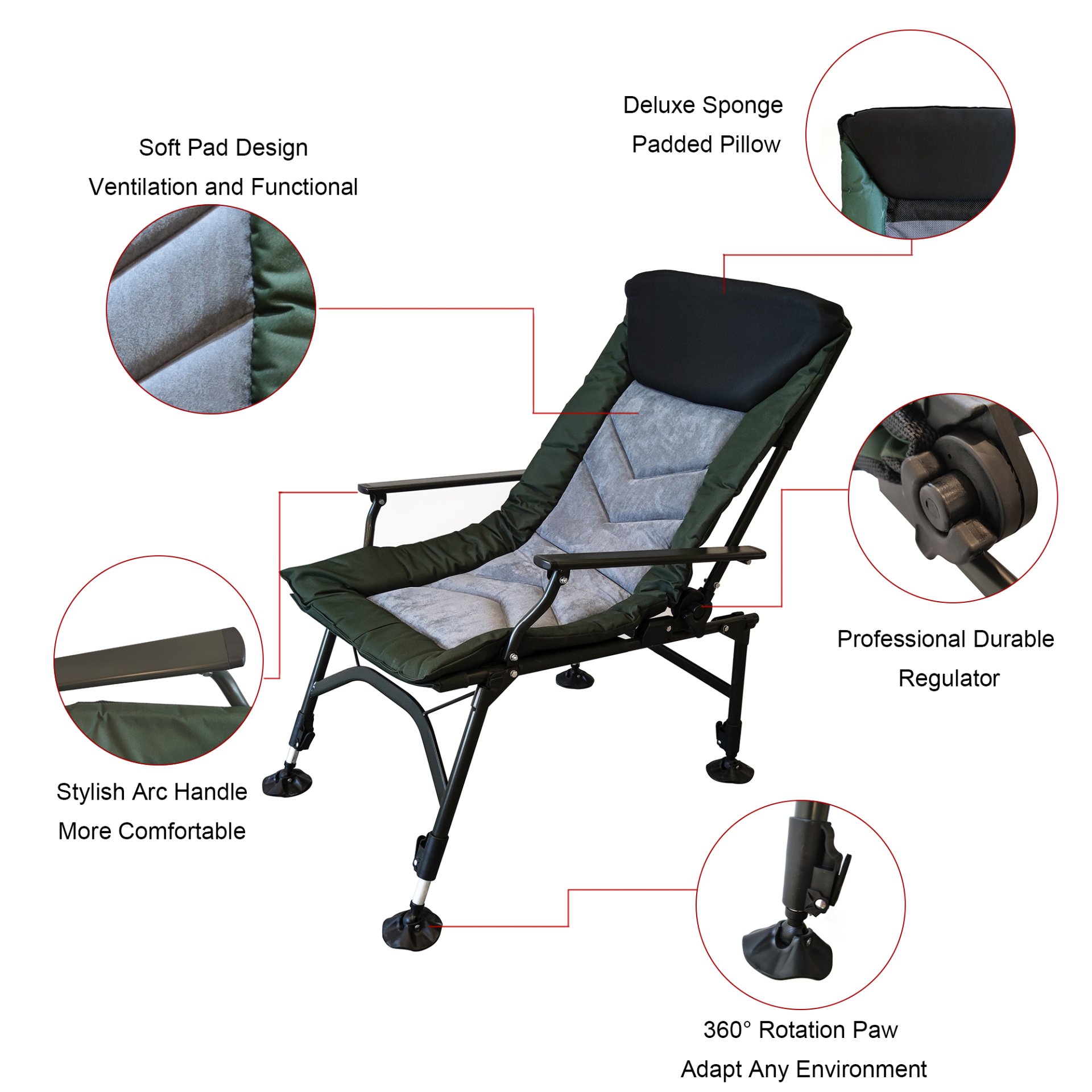 Camping Lounge Chair, Portable Folding Reclining Camping Chair With Adjustable Backrest For Indoor And Outdoor Camping Beach Hiking Fishing - Green / Black - Image 9