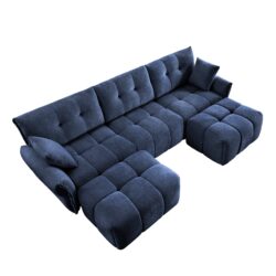 Elegant Textured Fabric 3 Seater Sofa Set With Ottoman And Throw Pillows Frame - Blue