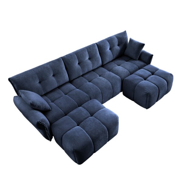 Elegant Textured Fabric 3 Seater Sofa Set With Ottoman And Throw Pillows Frame - Blue