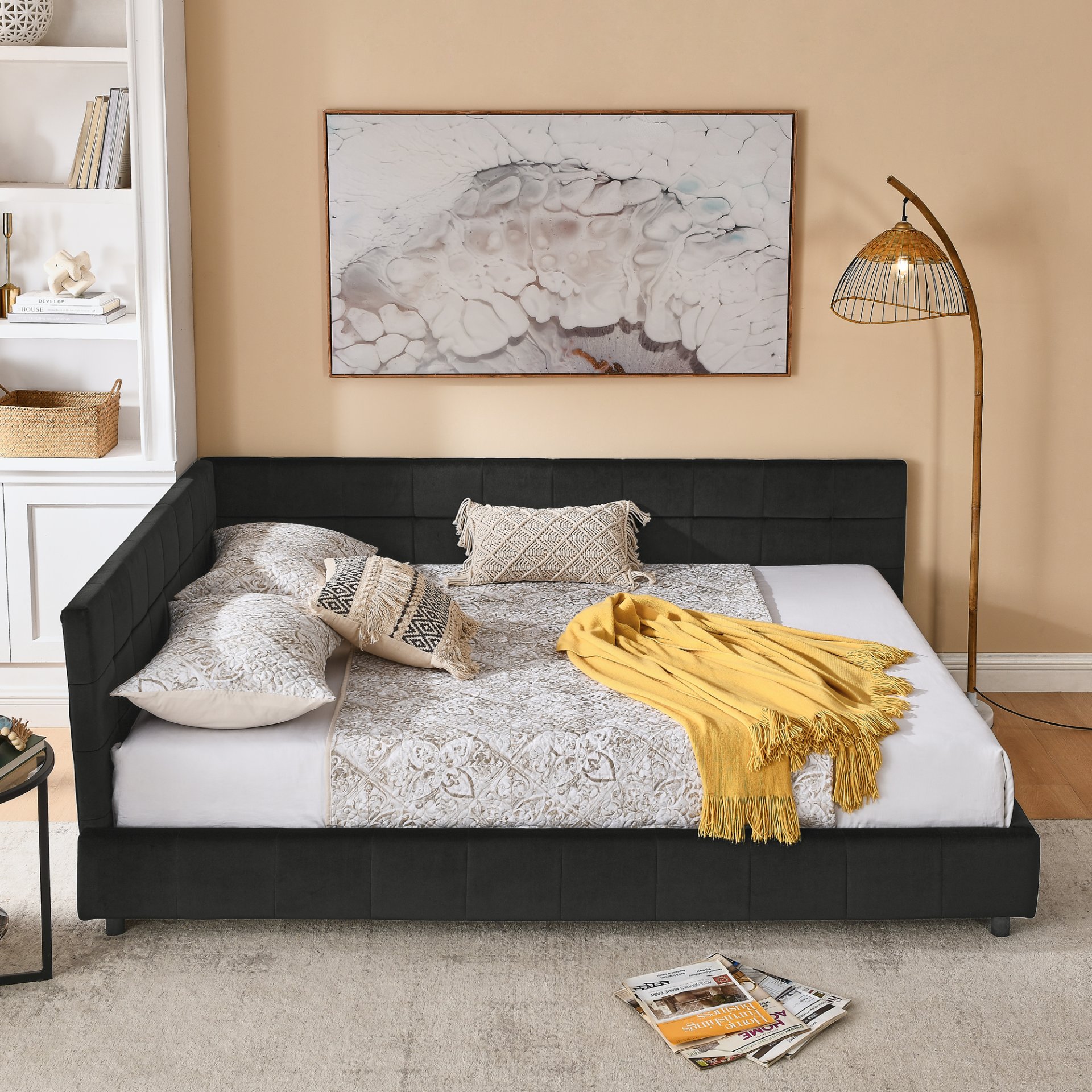 Mid Century Velvet Queen Size Upholstered Tufted Bed Frame With Backrest And Armrests - Black - Image 8