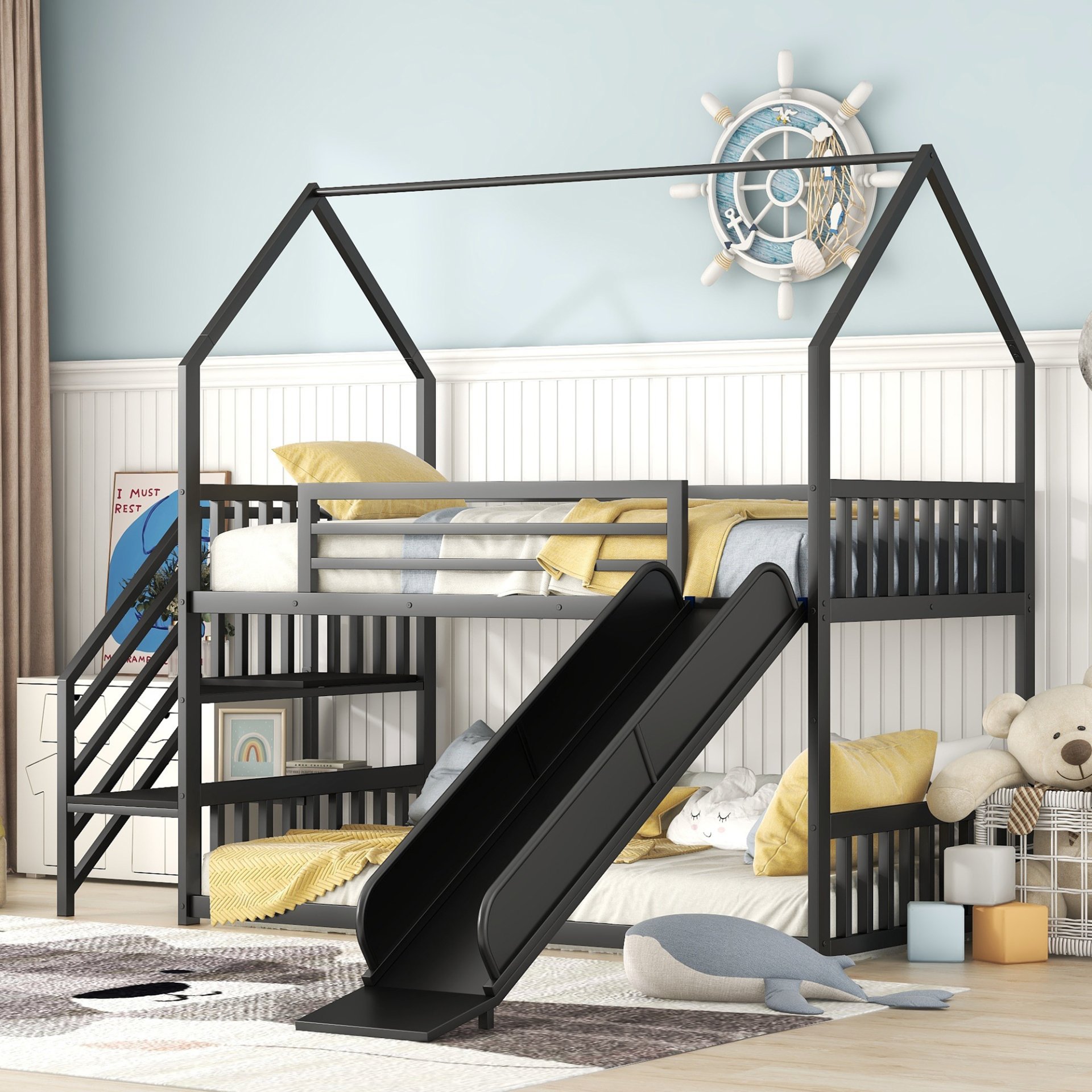 Twin Size Metal Bunk Bed House Bed With Slide And Staircase - Black - Image 2