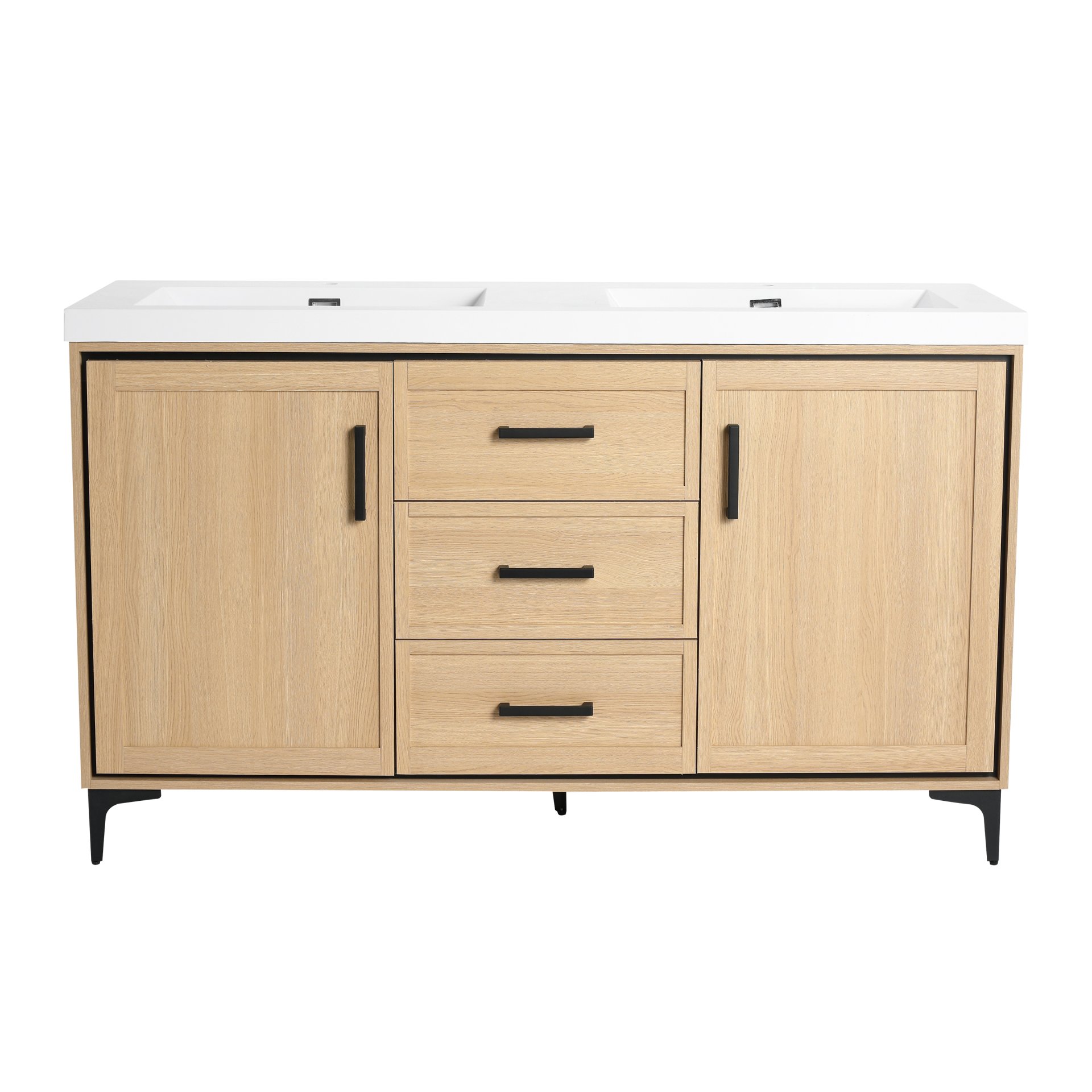 Original 60" Freestanding Bathroom Vanity With Double Resin Sink Plywood Soft Closing Doors & Drawers - Oak - Image 4
