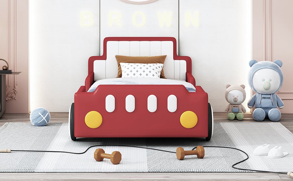 Twin Size Race Car Shaped Platform Bed & Wheels - Red - Image 11