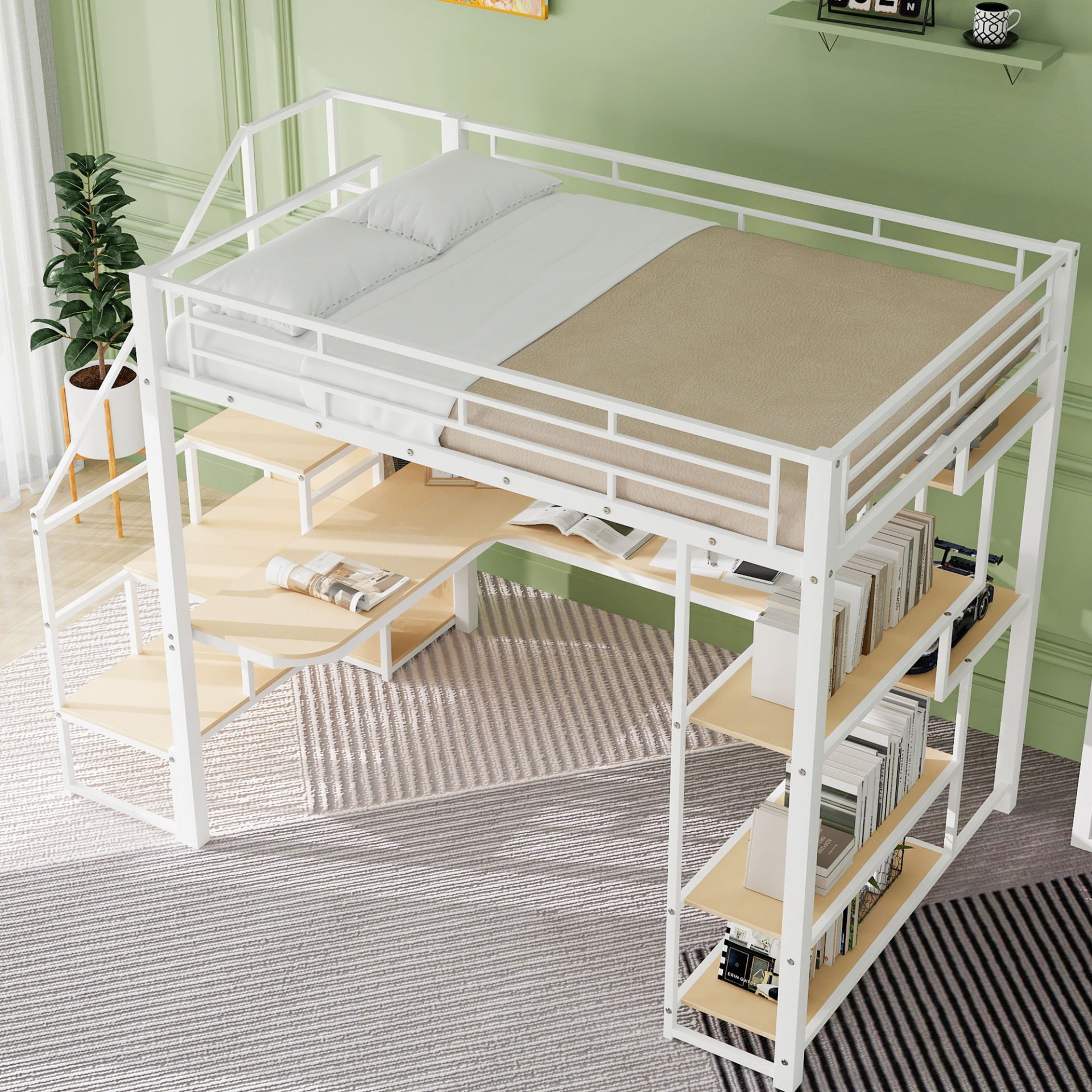 Full Size Metal Loft Bed With Storage Staircase And Small Wardrobe, Built - In Desk And Storage Shelves - White - Image 5