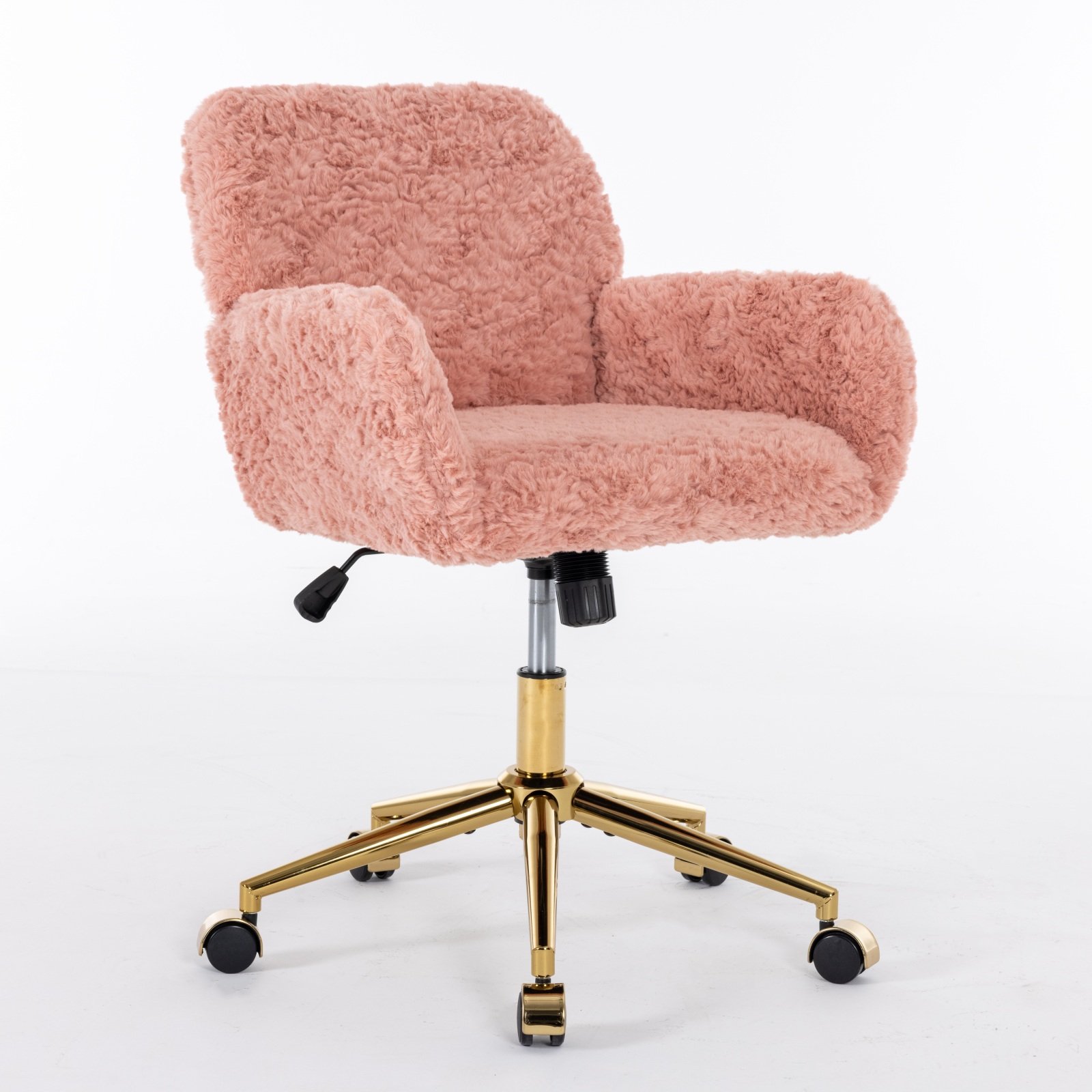 Office Chair, Artificial Rabbit Hair Home Office Chair With Golden Metal Base, Adjustable Desk Chair Swivel Office Chair, Vanity Chair - Pink - Image 4