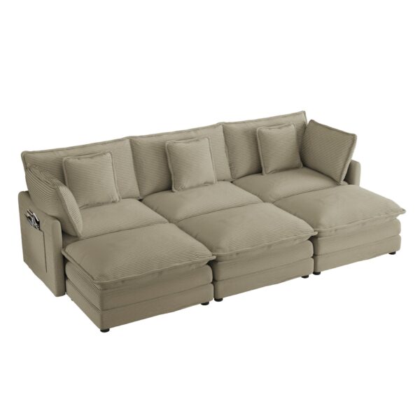 Modern Sofa Modular Sofa Couch Upholstered Corduroy Sectional Sofa With Side Storage Pockets And 3 Movable Ottomans For Living Room - Brown