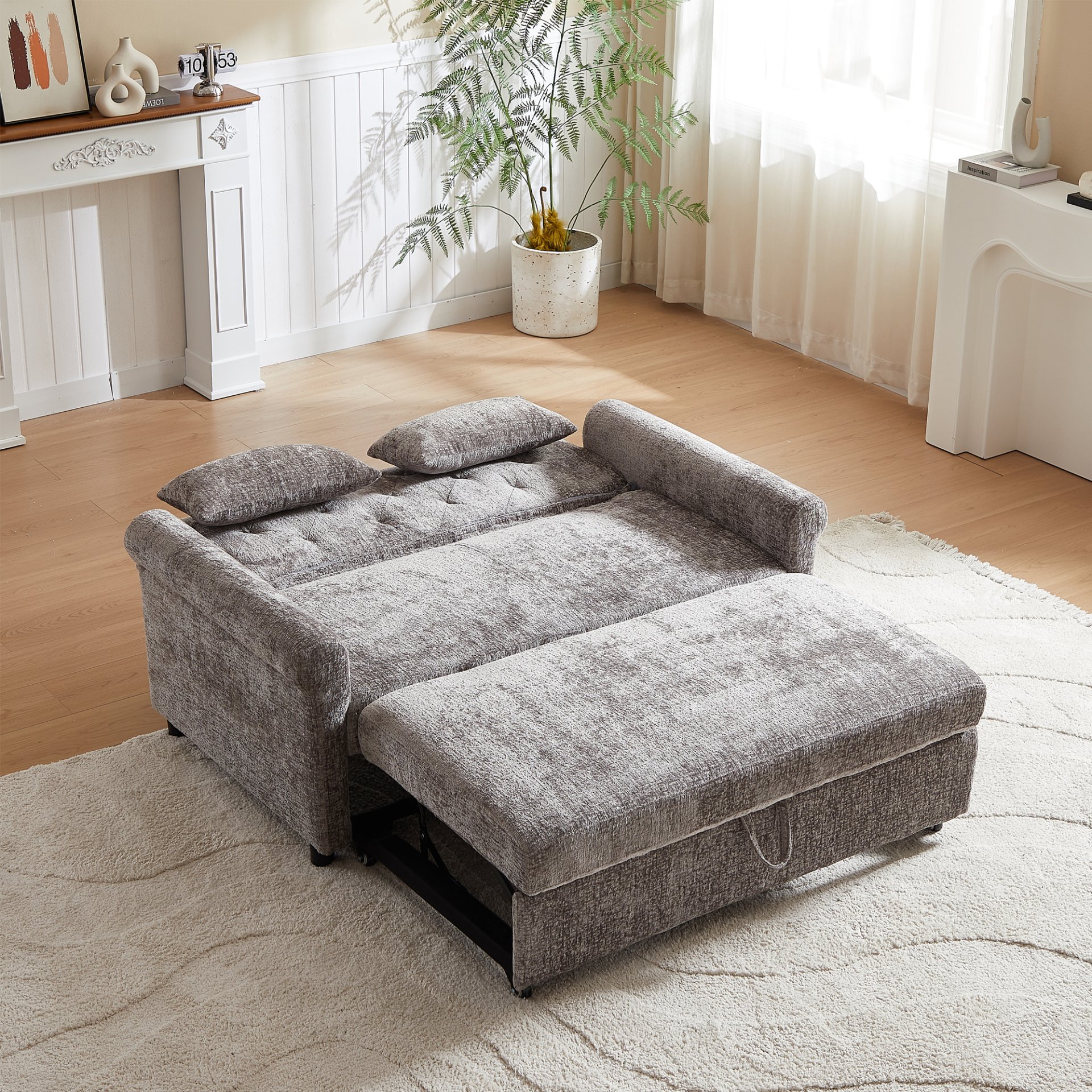 3 In 1 Loveseat Sofa Bed Chenille Fabric Pull Out Couch Sleeper Full Back Frame, Seat Frame, Armrests & 2 Pillows - Light Gray - Image 11