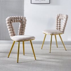 Modern Chair With Iron Tube Legs, Soft Cushions And Comfortable Backrest, Suitable For Dining Room, Living Room, Cafe, Hairball Back (Set of 2) - Golden