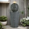 31.5" Tall Striped Column Fountain With LED Light Design For Outdoor Spaces - Gray - Image 2