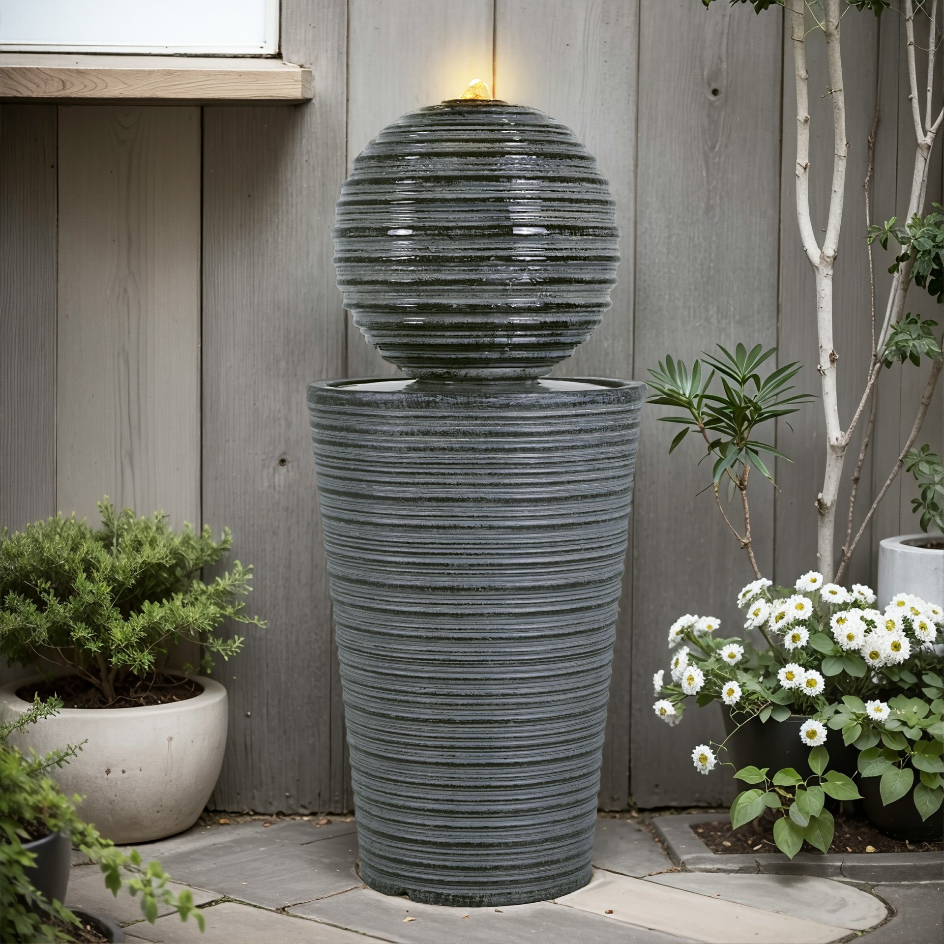 31.5" Tall Striped Column Fountain With LED Light Design For Outdoor Spaces - Gray - Image 2