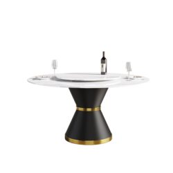 59.05" Modern Artificial Stone Round Carbon Steel Base Dining Table, White Artificial Stone Turntable - White / Black