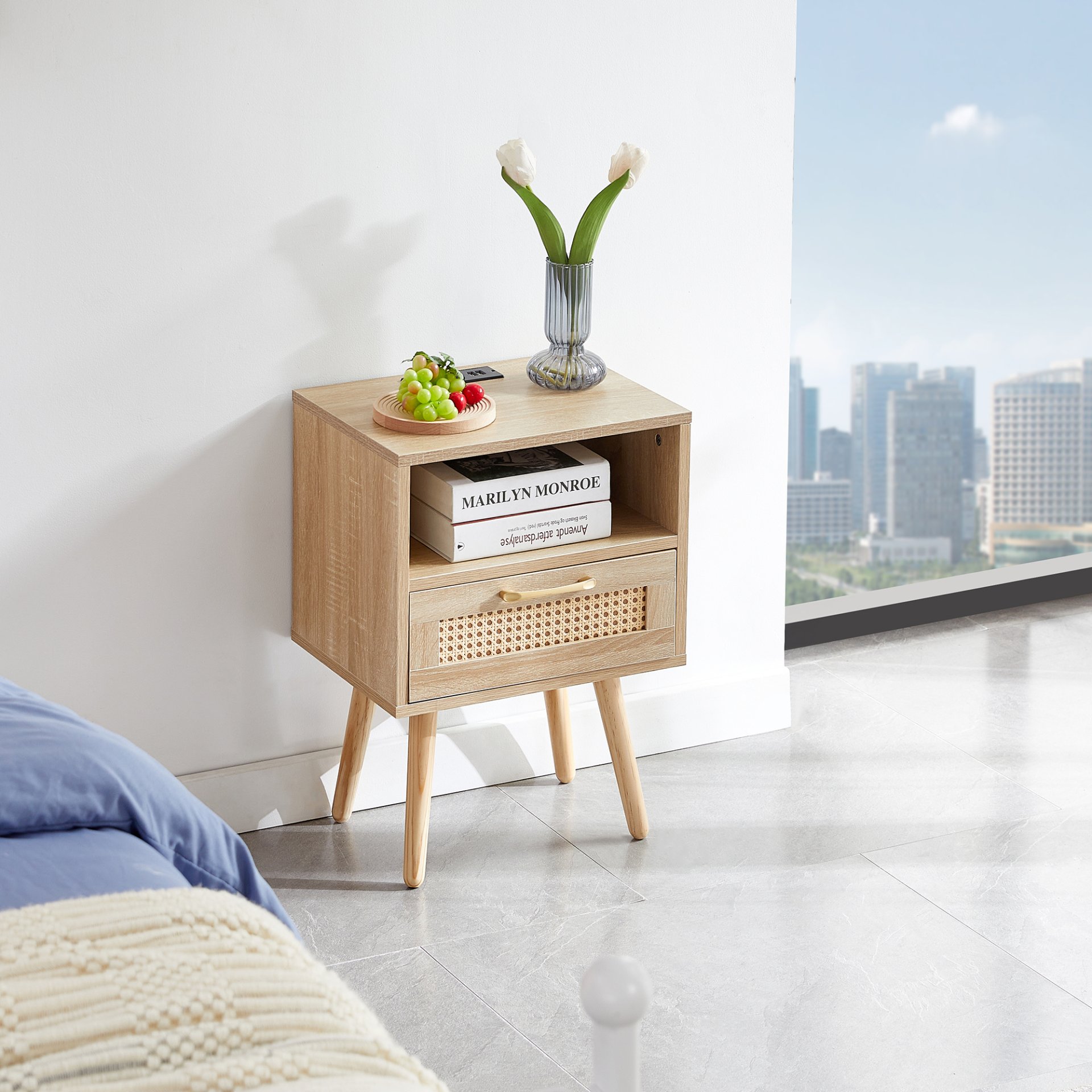 15.75" Rattan End Table With Power Outlet & USB Ports, Modern Nightstand With Drawer And Solid Wood Legs, Side Table For Living Room, Bedroom - Natural - Image 4