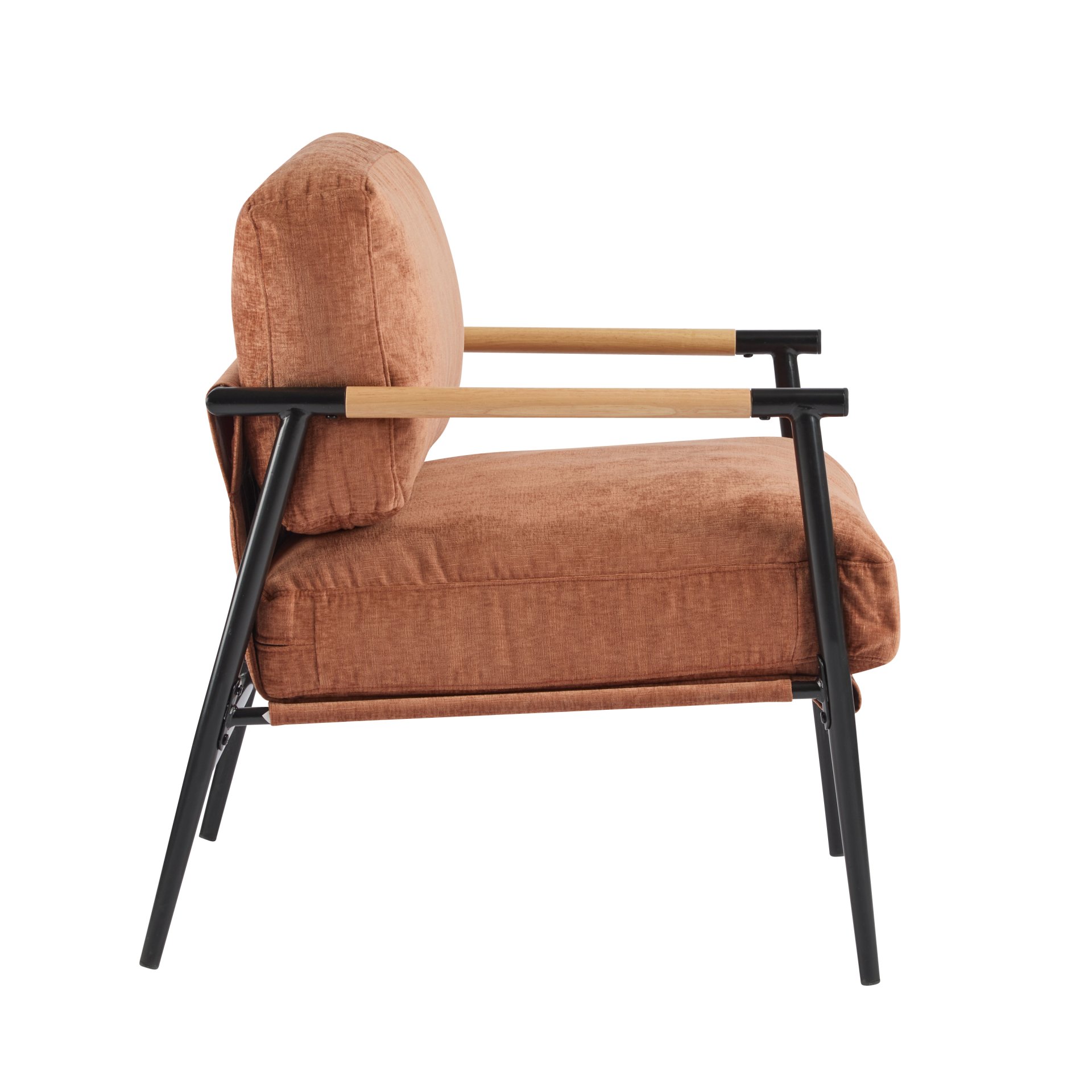 Modern Accent Chair With Plush Cushions, Minimalist Metal Frame, Wooden Armrest Design - Orange - Image 10