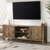 Rustic Farmhouse Double Barn Door 70" TV Stand For 80" TVs With Center Shelves - Rustic Oak - Image 5