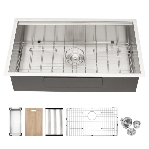 32" Undermount Kitchen Sink 16 Gauge Single Bowl With Ledge Workstation - Brushed Nickel