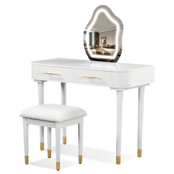 Modern Vanity Table Set With Mirror Touch Screen Lighted Mirror, Dressing Table And Cushioned Stool Set With 2 Large Drawers - White