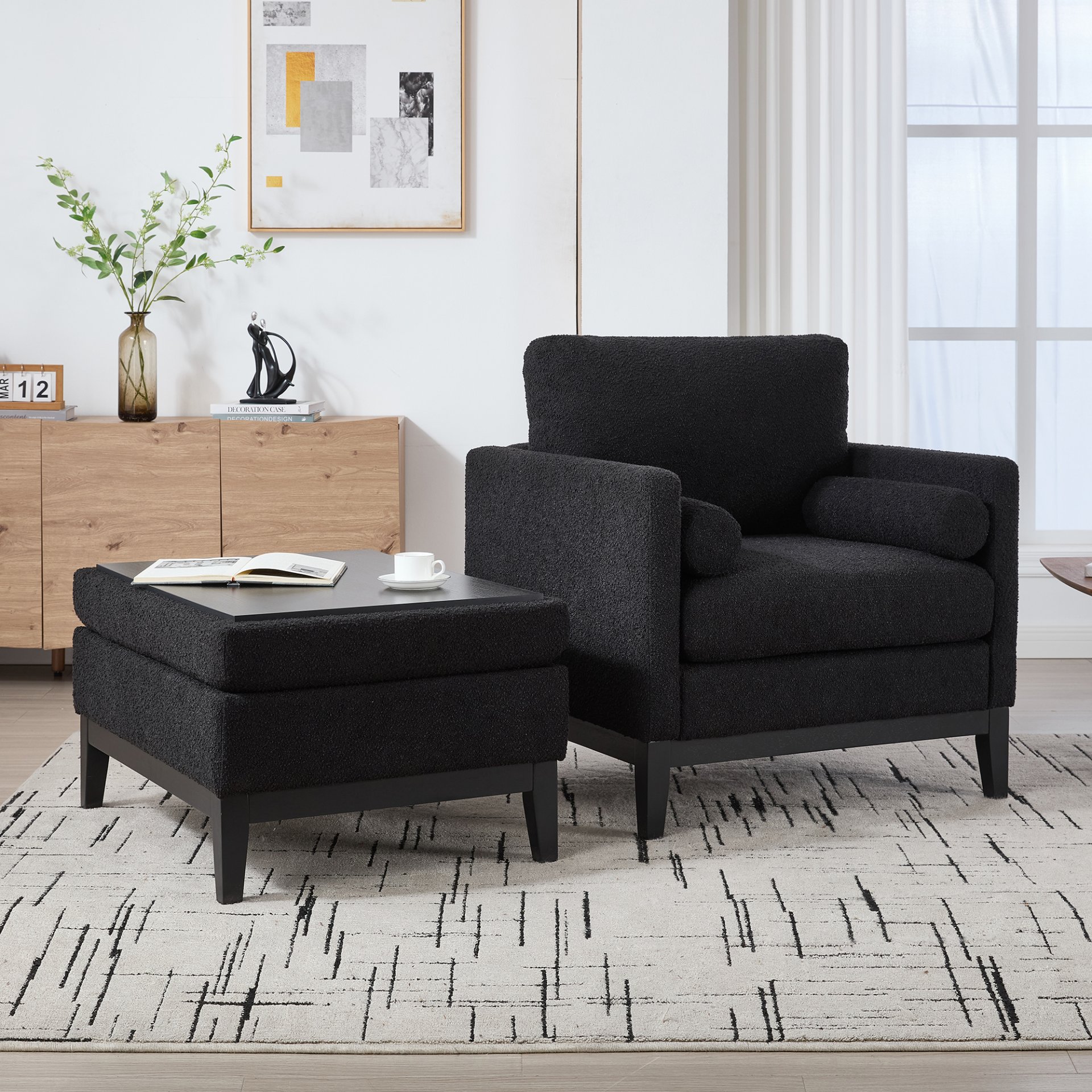Farmhouse Upholstered Accent Chair With Ottoman Wood Base, Reversible Lid Coffee Table For Living Room Or Office - Black - Image 7