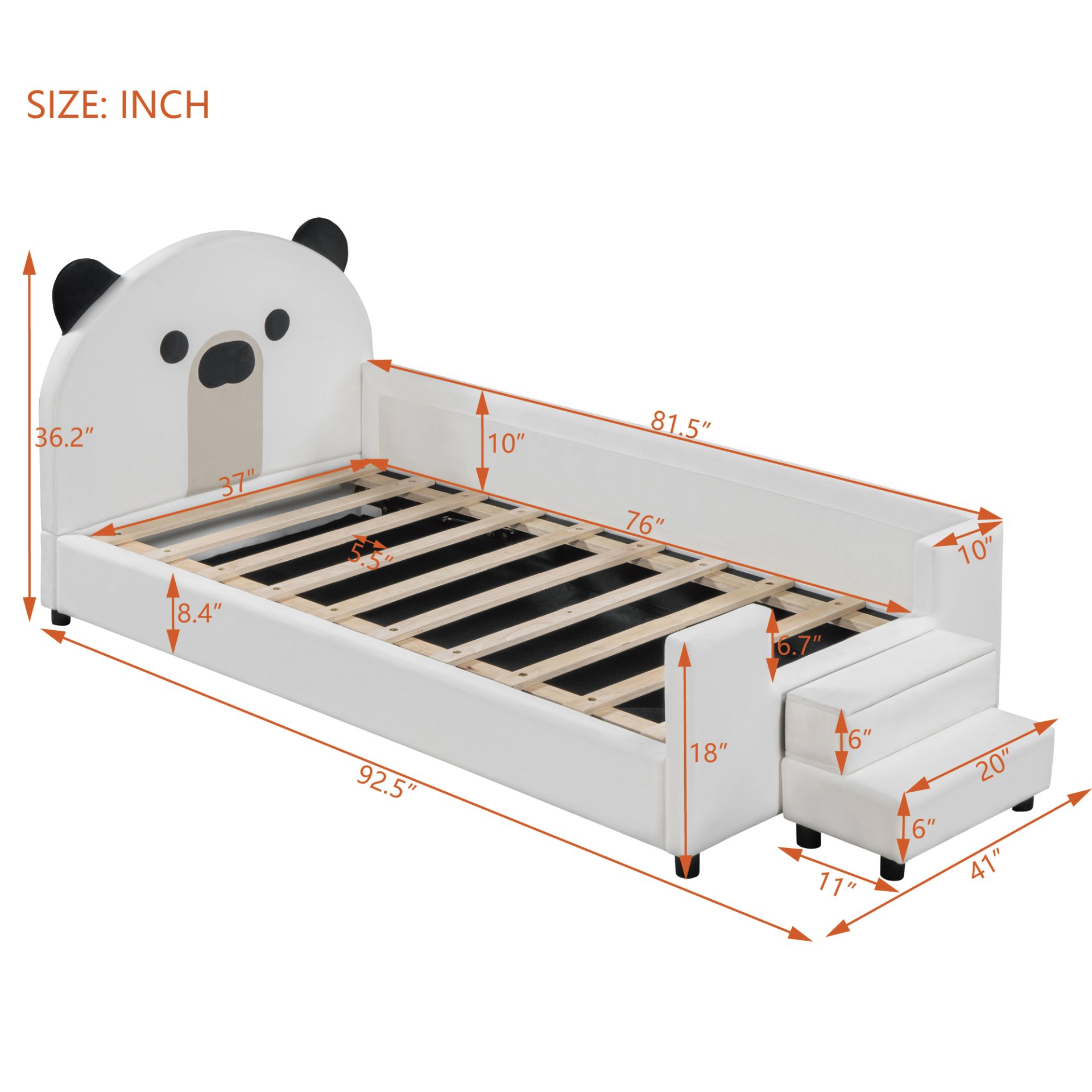 Twin Size Upholstered Daybed With Bear Shaped Headboard, Hydraulic System And Breathable Mesh Fence - White - Image 7