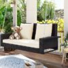 2 Person Wicker Hanging Porch Swing With Chains, Cushion, Pillow, Rattan Swing Bench For Garden, Backyard - Brown / Beige - Image 2