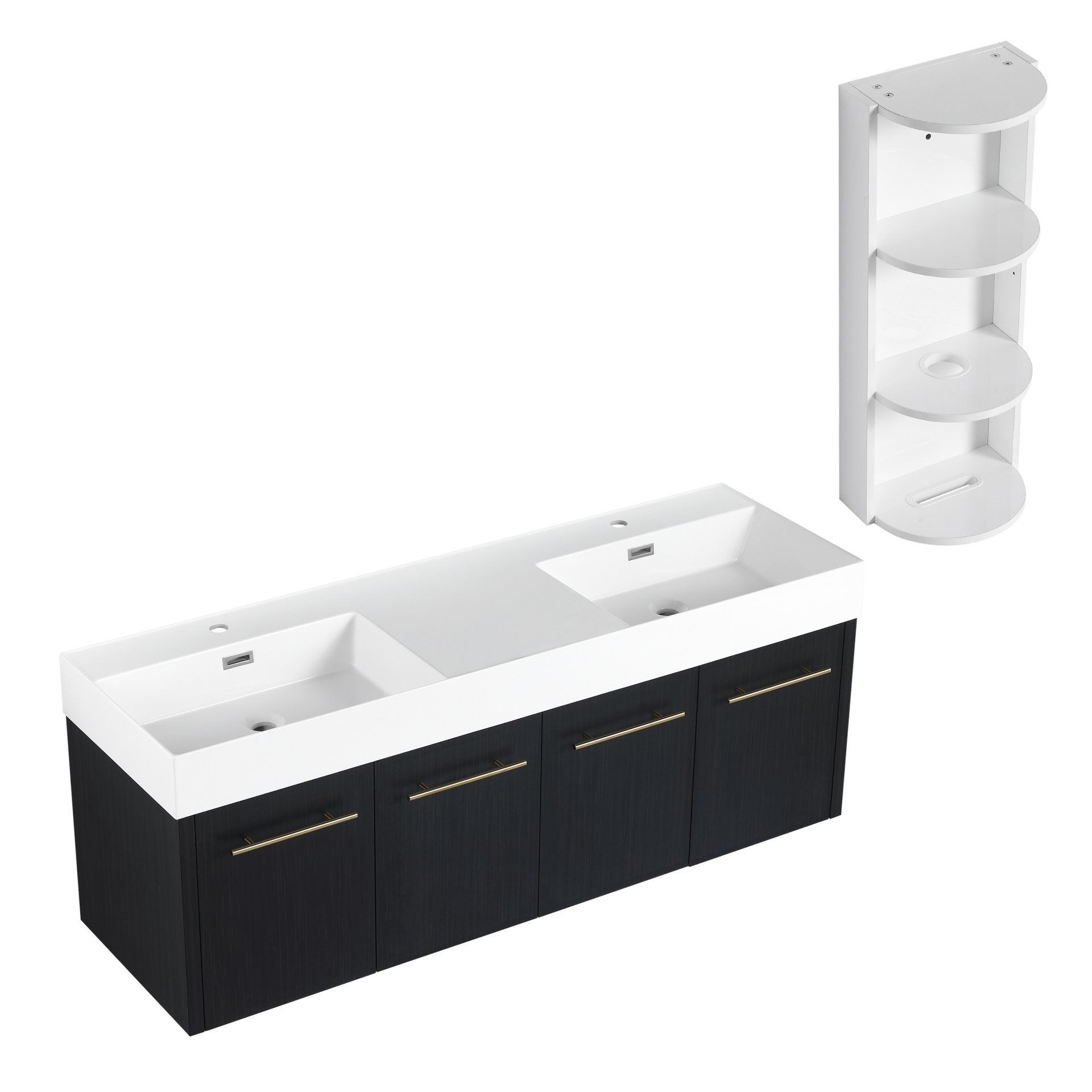Modern Wall Mounted Bathroom Vanity With Double Resin Sink And Storage Rack - Black Chestnut - Image 12