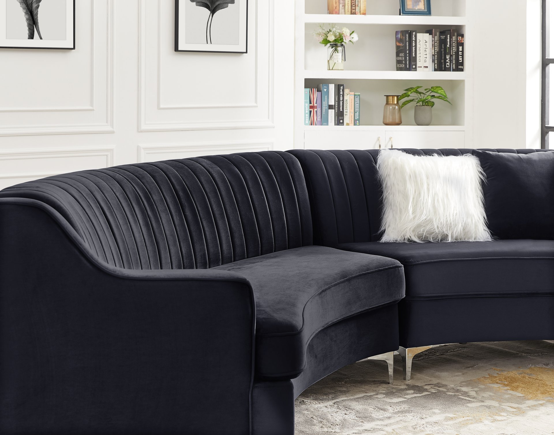Velvet Curved Sofa - Black - Image 4