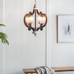 Wood Chandelier 6 Light Farmhouse Pendant Lighting Wood Hanging Light Fixture For Kitchen Living Dining Room, Bulb Not Included - Cream