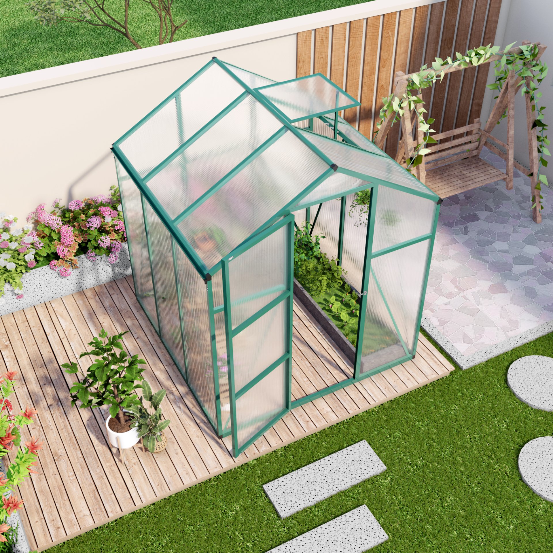 Newly Marketed Gain Height Windproof Aluminum Greenhouse 6 X 6 Ft Polycarbonate Greenhouse Raised Base And Anchor Aluminum Heavy Duty Walk - In Greenhouses For Outdoor Backyard In All Season - Green - Image 8