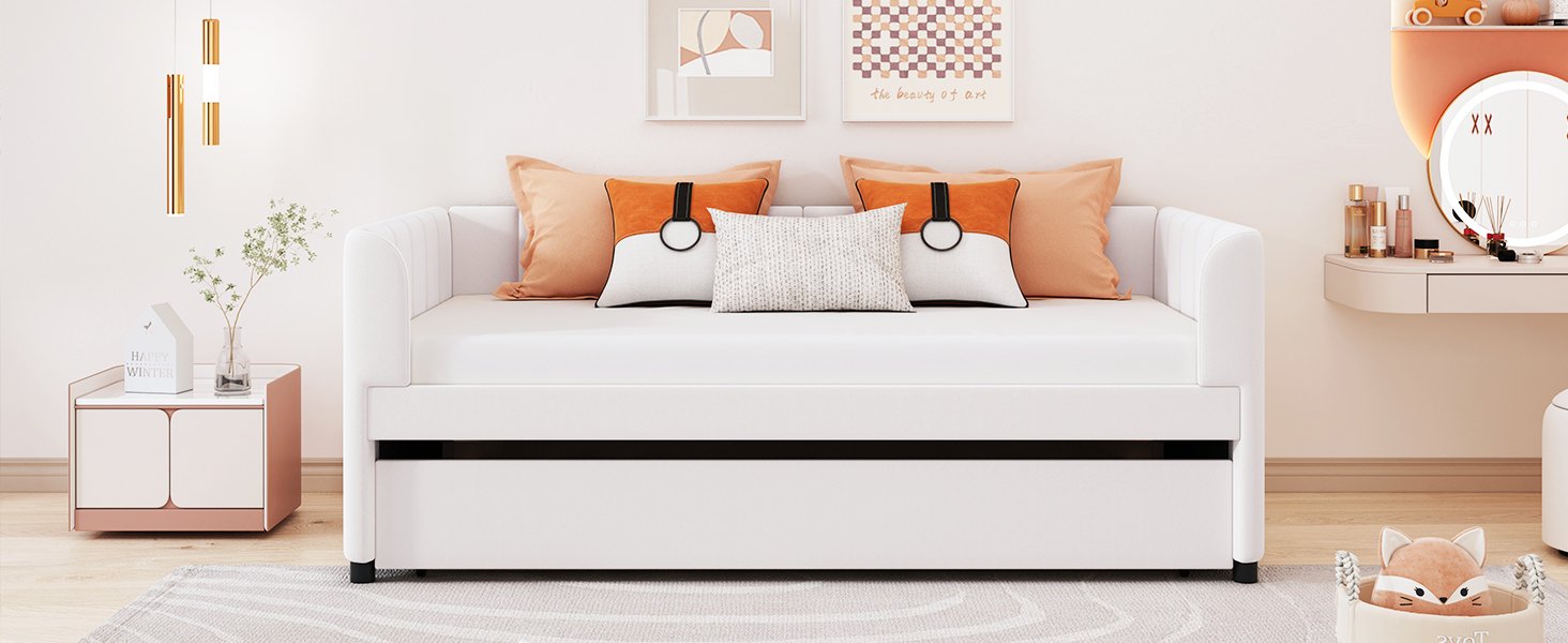 Twin Size Upholstered Daybed With Ergonomic Design Backrest And Trundle - Beige - Image 15