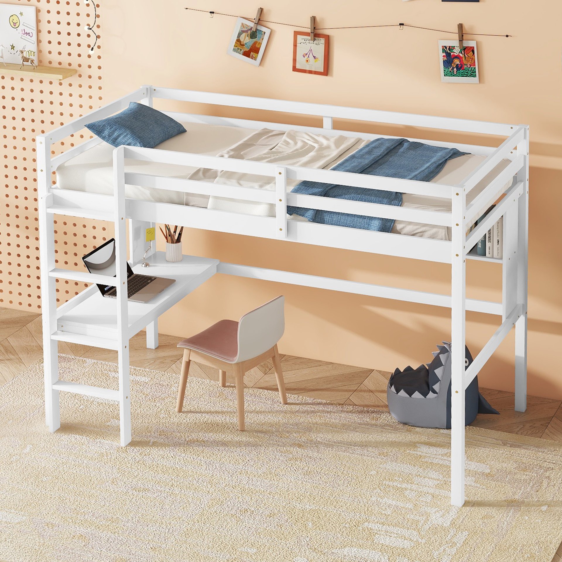 Twin Size Loft Bed With Desk And Shelves, Safety Guardrail And Ladder - White - Image 3