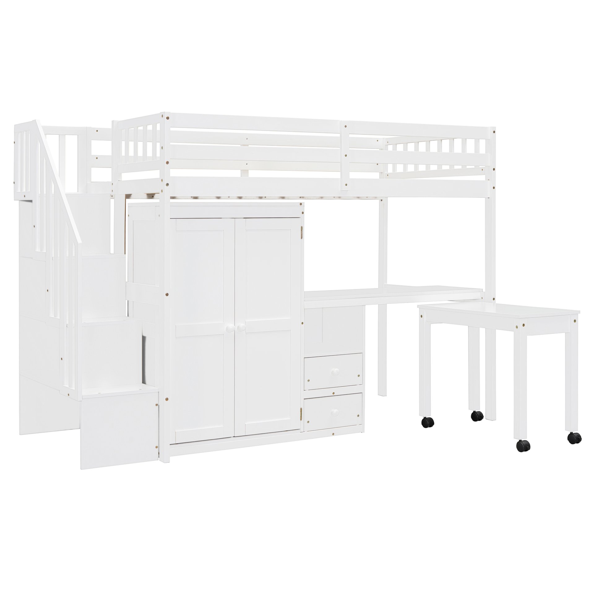 Twin Size Loft Bed With Stairs, Bookshelf, Drawers, Desk & Wardrobe, Space Saving Multifunctional Furniture - White - Image 19
