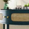 Boho Rattan Semi Circle End Table With Sliding Rattan Door, Elegant Entryway Console With Storage And Bottom Shelf - Antique Green - Image 9